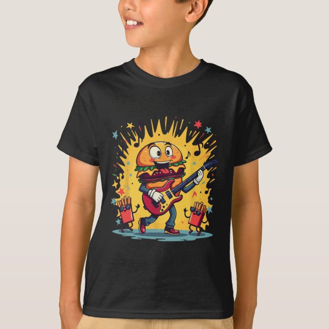 T-shirt Funny Cheeseburger Hamburger Jouer Guitare Françai (Devant)