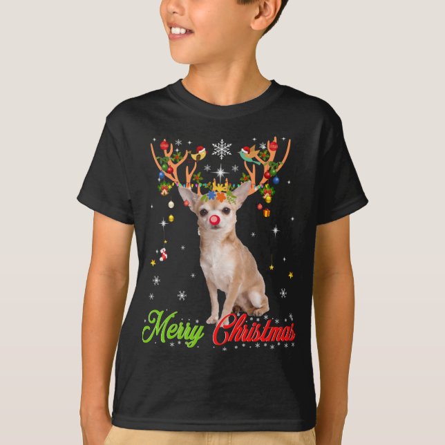 T-shirt Funny Chihuahua Chig with Antlers Joyeux Noël X (Devant)