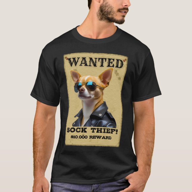 T-shirt Funny Chihuahua WANTED Poster with Cool Sunglasses (Devant)
