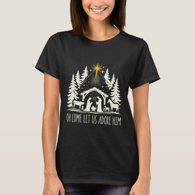 T-shirt Funny Christian Christmas Jesus Oh Come Let Us Ado (Devant)