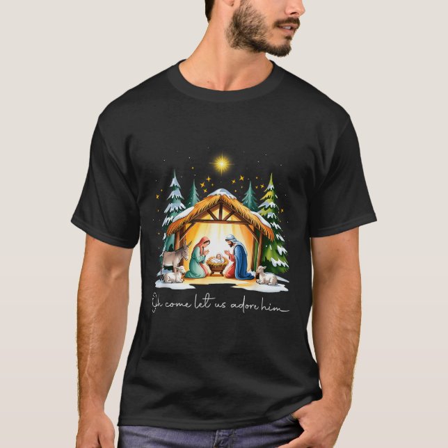 T-shirt Funny Christian Christmas Jesus Oh Come Let Us Ado (Devant)