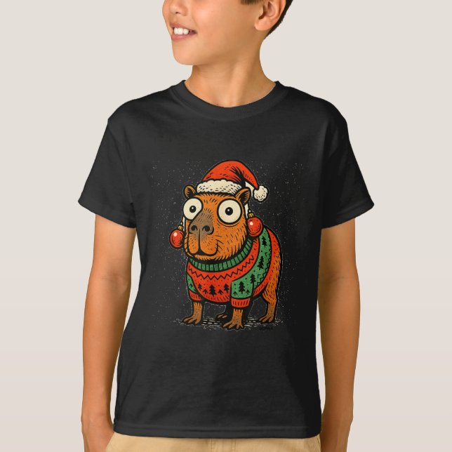 T-shirt Funny Christmas Capybara With Santa Hat &amp; Swea (Devant)