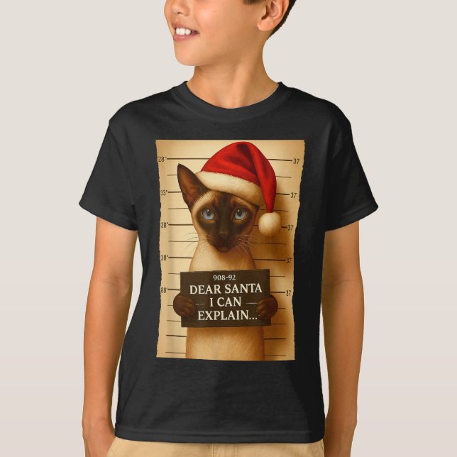T-shirt Funny Christmas Cat- Cute Siamese Santa Hat Tee  (Devant)