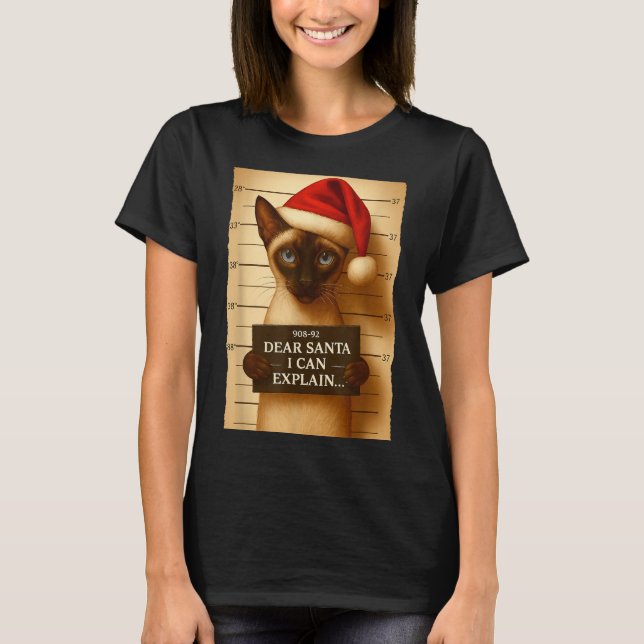 T-shirt Funny Christmas Cat- Cute Siamese Santa Hat Tee  (Devant)