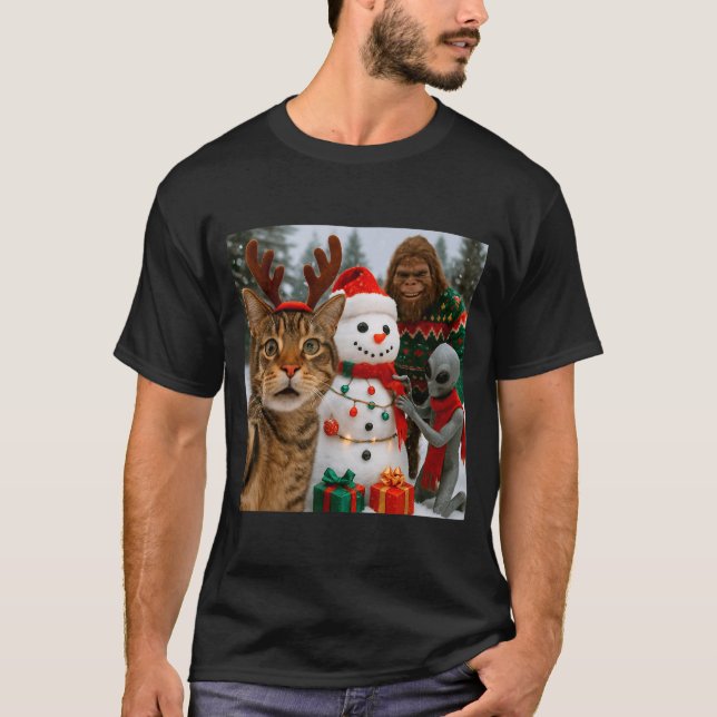T-shirt Funny Christmas Cat Selfie With Bigfoot Alien &amp (Devant)