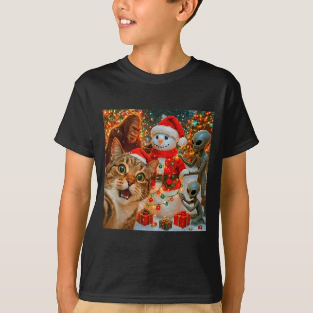 T-shirt Funny Christmas Cat Selfie With Bigfoot Alien &amp (Devant)