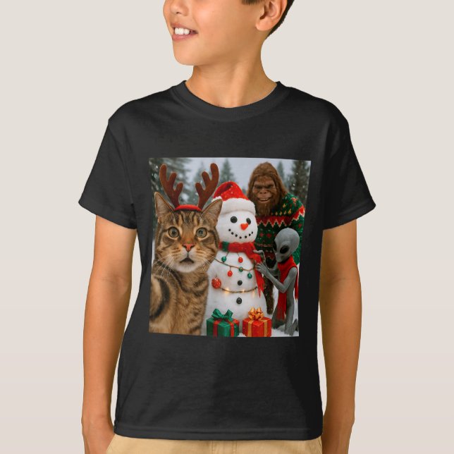 T-shirt Funny Christmas Cat Selfie With Bigfoot Alien &amp (Devant)