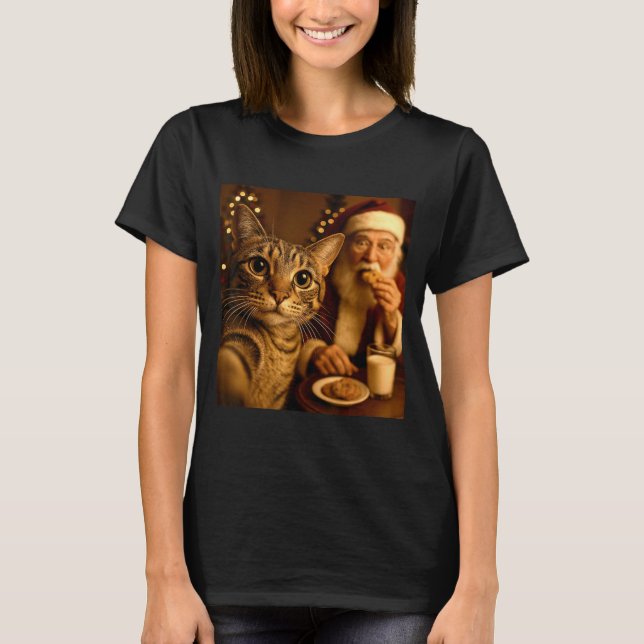 T-shirt Funny Christmas Cat Selfie With Santa Claus Meme M (Devant)