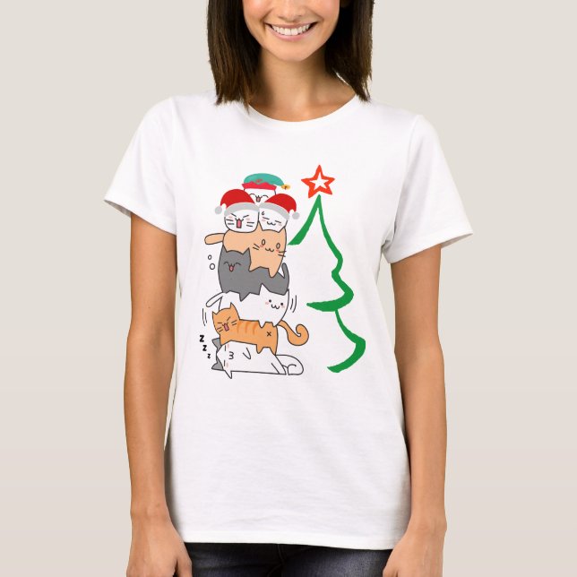 T-shirt Funny Christmas Cats Tree Tee, maman chat Noël (Devant)