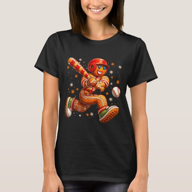 T-shirt Funny Christmas Gingerbread Man Playing Baseball C (Devant)