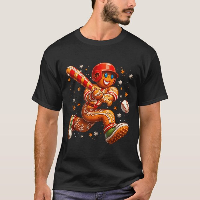 T-shirt Funny Christmas Gingerbread Man Playing Baseball C (Devant)