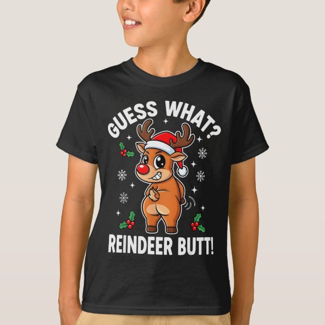 T-shirt Funny Christmas Guess What Reindeer Butt Santa Hat (Devant)