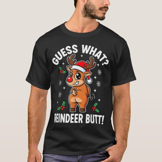 T-shirt Funny Christmas Guess What Reindeer Butt Santa Hat (Devant)