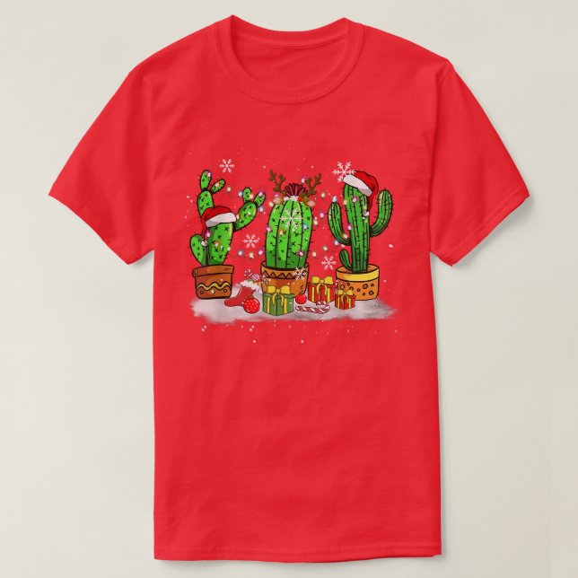 T-shirt Funny Christmas Lights Cactus Santa Hat Cactus Lov (Design devant)