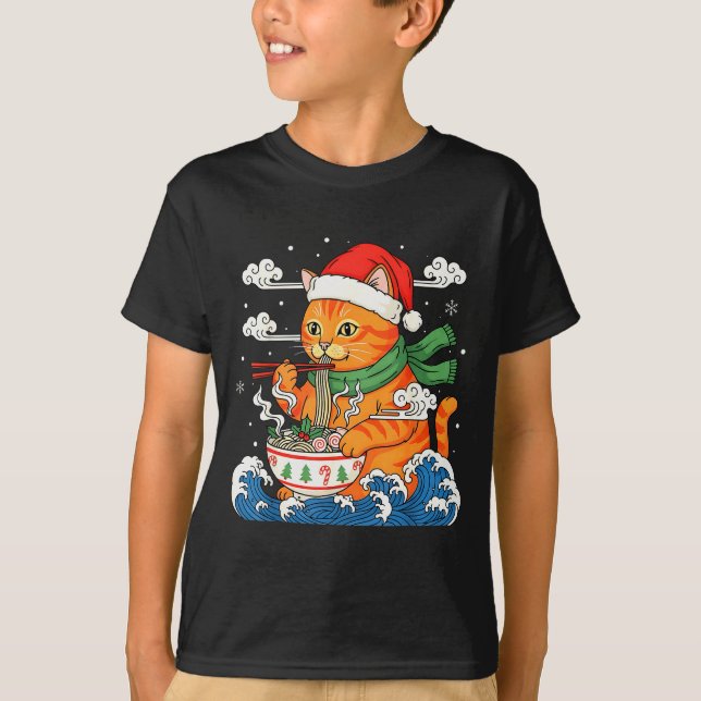 T-shirt Funny Christmas Ramen Cat Eating Noodles Japanese  (Devant)