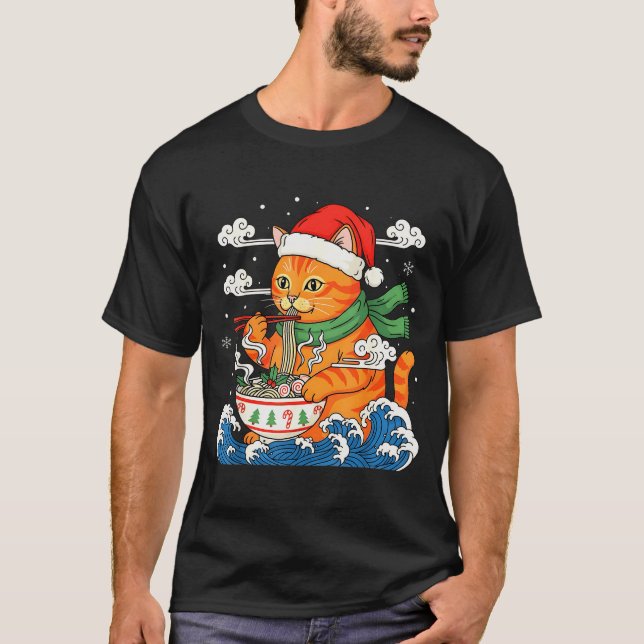 T-shirt Funny Christmas Ramen Cat Eating Noodles Japanese  (Devant)