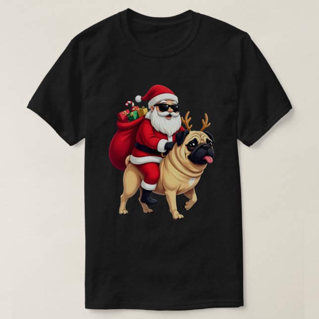 T-shirt Funny Christmas Santa Riding Pug (Design devant)