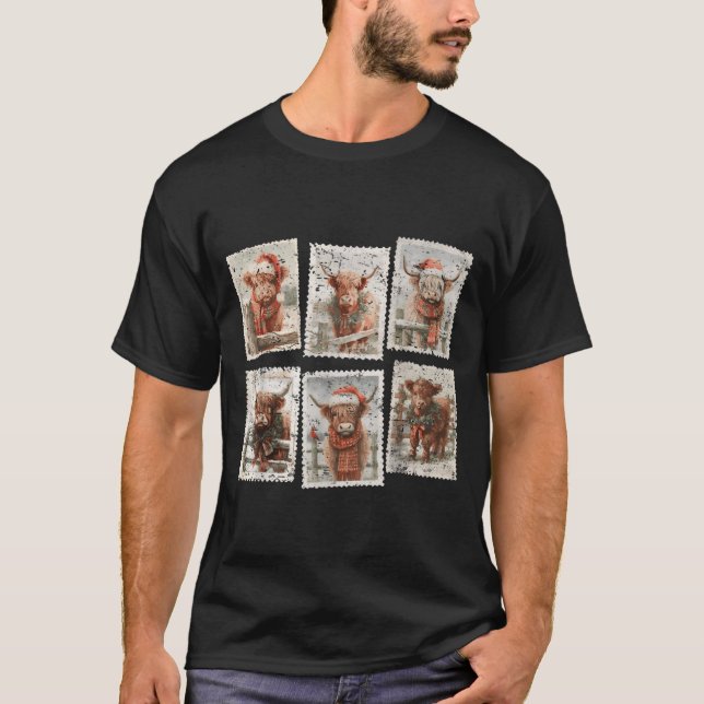 T-shirt Funny Christmas Stamp Highland Cow Lover Merry Xma (Devant)