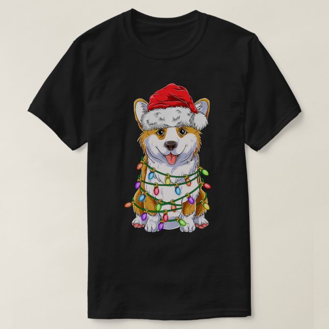 T-shirt Funny Corgi Christmas Tree Lights Gift Santa Hat D (Design devant)