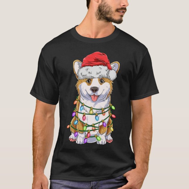 T-shirt Funny Corgi Noël Lumières Cadeau Santa Hat D (Devant)