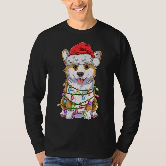 T-shirt Funny Corgi Noël Lumières Cadeau Santa Hat D (Devant)