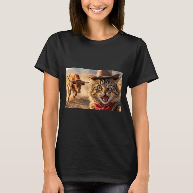 T-shirt Funny Cowboy Cat Selfie With Charging Bull Western (Devant)