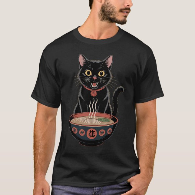 T-shirt Funny Cute Black Cat Ramen Japanese Art (Devant)