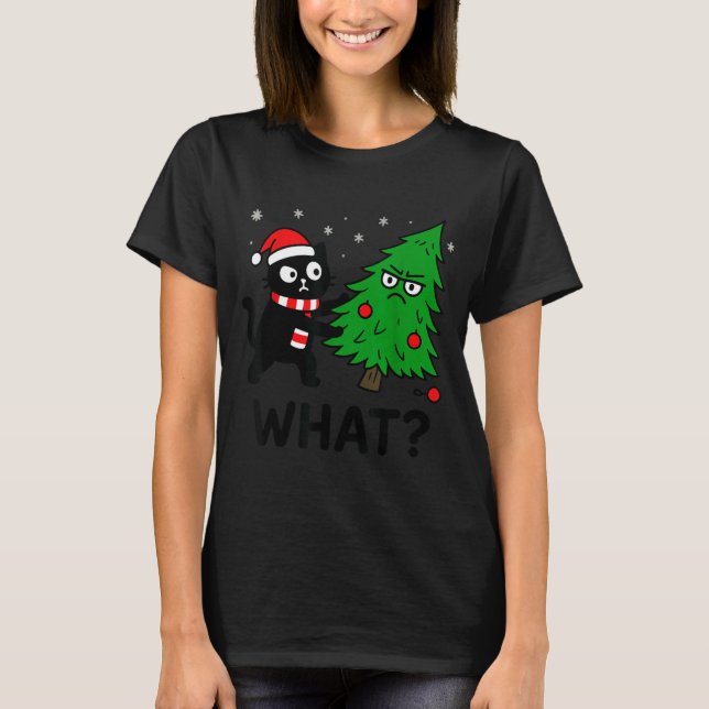 T-shirt Funny Cute Black Cat What Jamas Christmas Tree Cos (Devant)