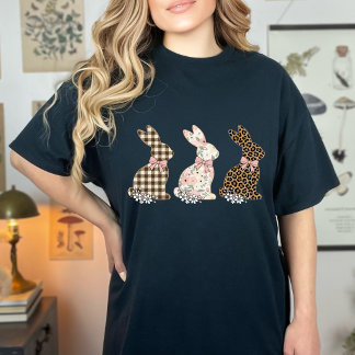 T-shirt Funny Cute Easter Bunnies Holiday Bow Girls Women 