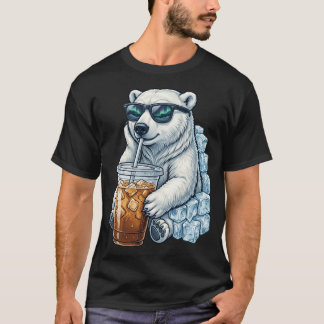 T-shirt Funny Cute Polar Bear Drinking Iced Coffee Cool