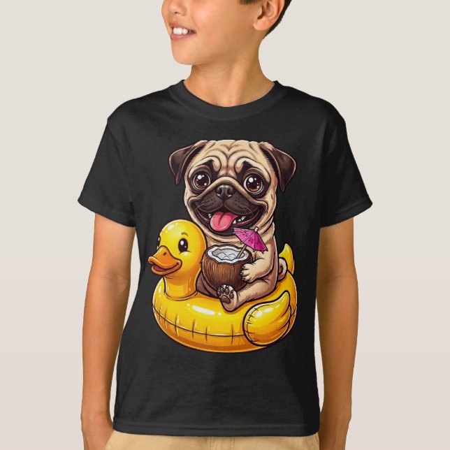 T-shirt Funny Cute Pug in Rubber Duck Floatie Coconut  (Devant)