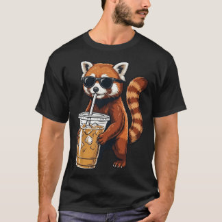 T-shirt Funny Cute Red Panda Drinking Iced Coffee