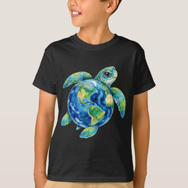 T-shirt Funny Cute Sea Turtle Holding Earth Ocean Wildlife (Devant)