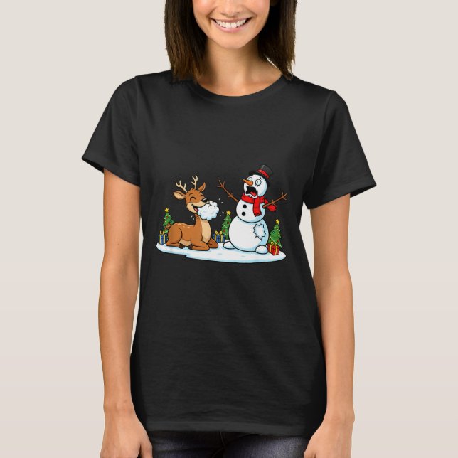 T-shirt Funny Deer Snowman Christmas Tree Xmas Womens Mens (Devant)