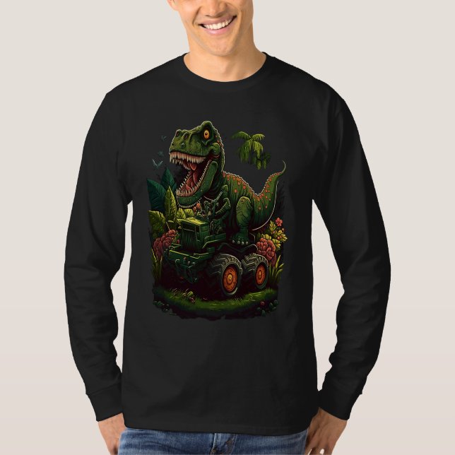 T-shirt Funny Dinosaur Taking Monster Truck Joyride (Devant)