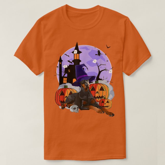 T-shirt Funny Doberman Dog Halloween Witch Pumpkin  (Design devant)