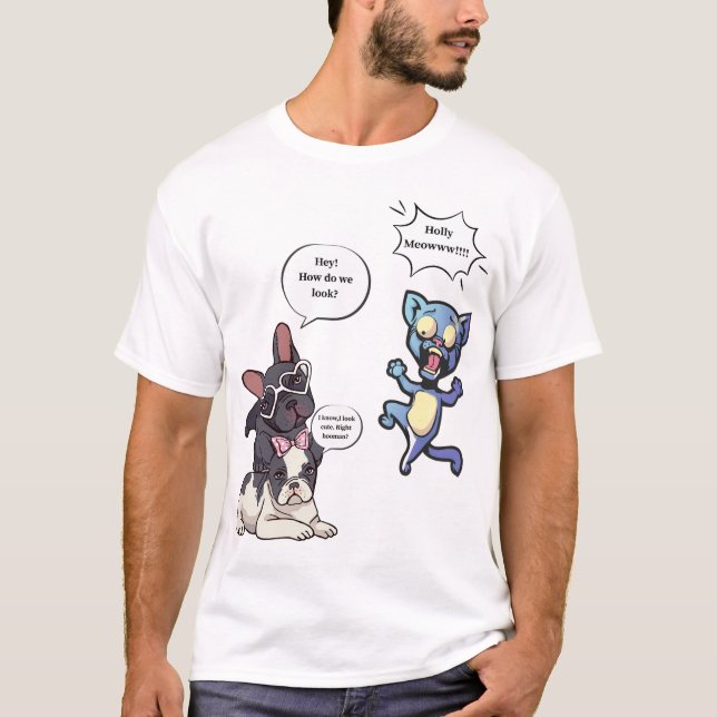 T-shirt Funny Dog and Cat Cartoon – Cute French Bulldogs (Devant)
