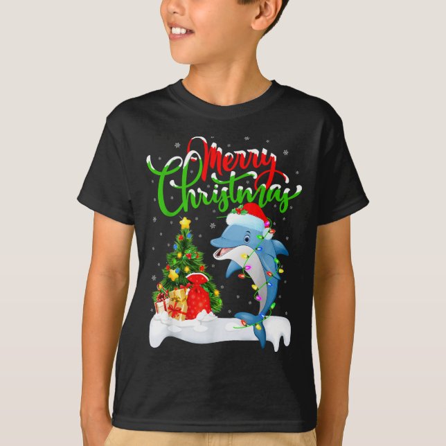 T-shirt Funny Dolphin Fish Lover Xmas Lighting Dolphin Chr (Devant)