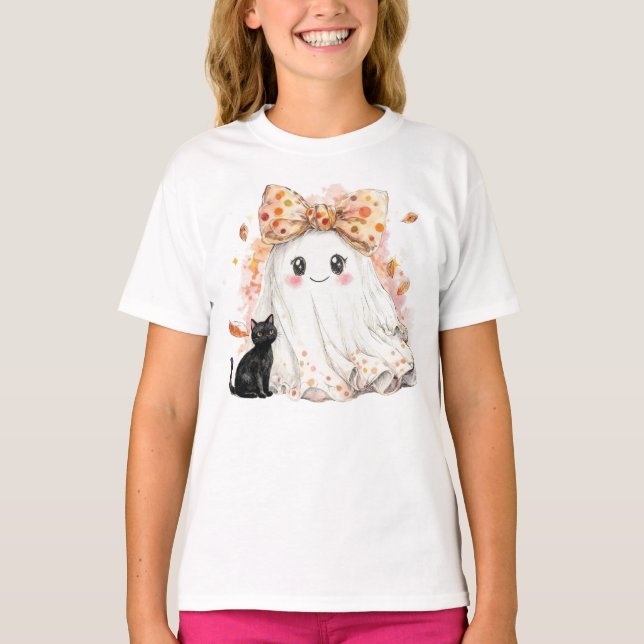 T-shirt Funny Fall Ghost Holding Black cat Halloween (Devant)