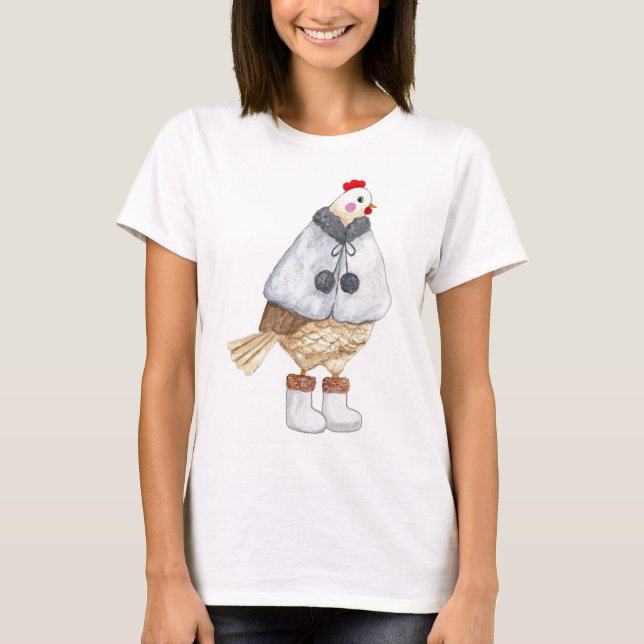 T-shirt Funny Fashionable Chicken in Winter Cape and boots (Devant)