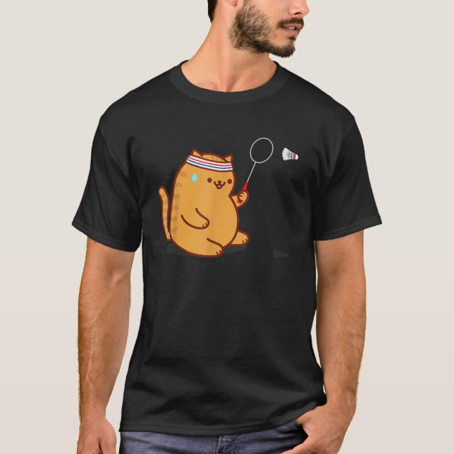T-shirt Funny Fat Cat Playing Badminton  (Devant)