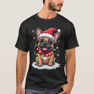 T-shirt Funny French Bulldogs Christmas Santa Hat Lights S