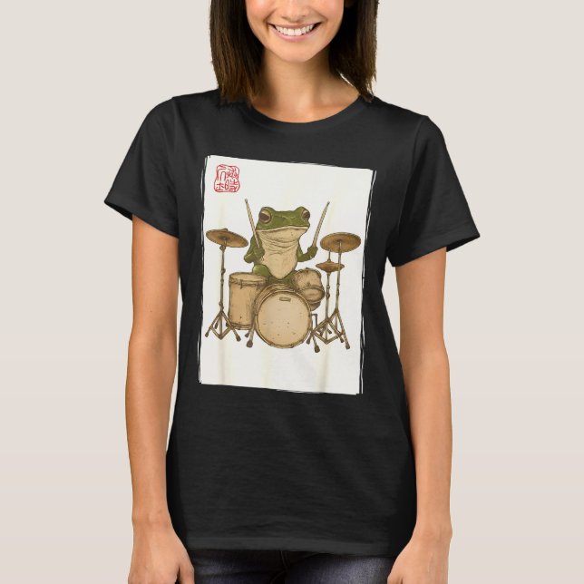 T-shirt Funny Frog Drum Rock Music Kawaii Japanese  (Devant)