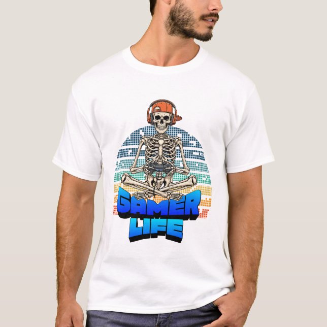 T-shirt Funny Funky Skull Gaming Gamer Life Tee Design (Devant)