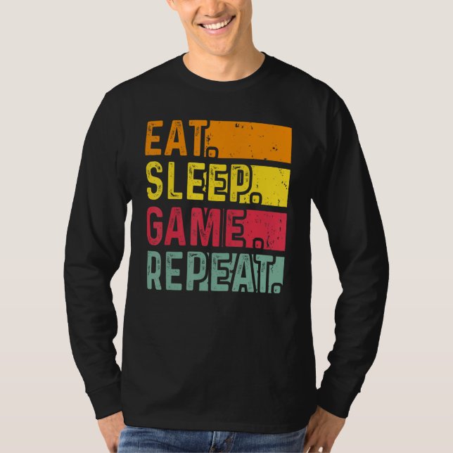 T-shirt Funny Gamer Quote Eat Sleep Game Repeat, Cool Vint (Devant)