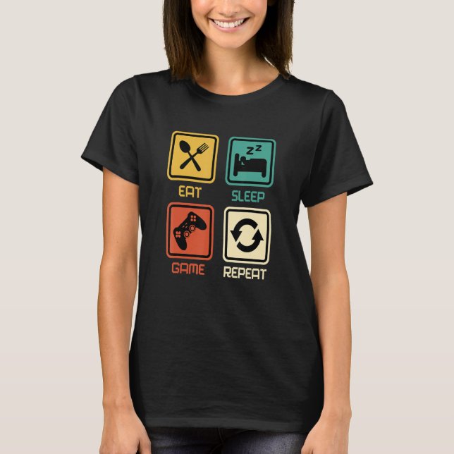 T-shirt Funny Gamer Quote Eat Sleep Game Repeat, Cool Vint (Devant)