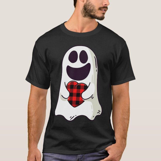 T-shirt Funny Ghost Hugging Red Hearts Plaid buffalo Valen (Devant)