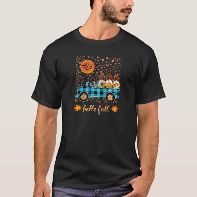 T-shirt Funny Gnomes Holding Pumpkins Riding Truck Autumn  (Devant)