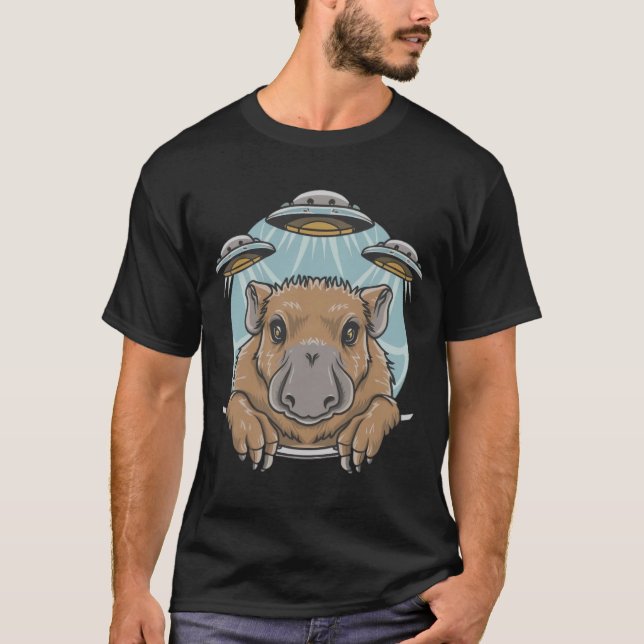 T-shirt Funny Graphic Tee Capybara Selfie avec OVNI bizarr (Devant)
