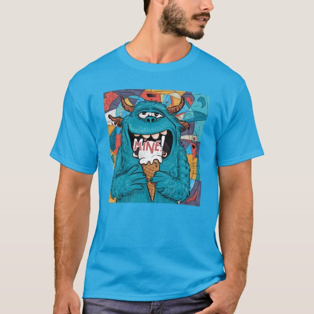 T-shirt Funny Greedy Monster mangeant de la crème glacée (Devant)